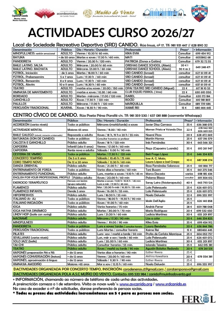 ABERTAS AS INSCRICIÓNS ACTIVIDADES 26/27